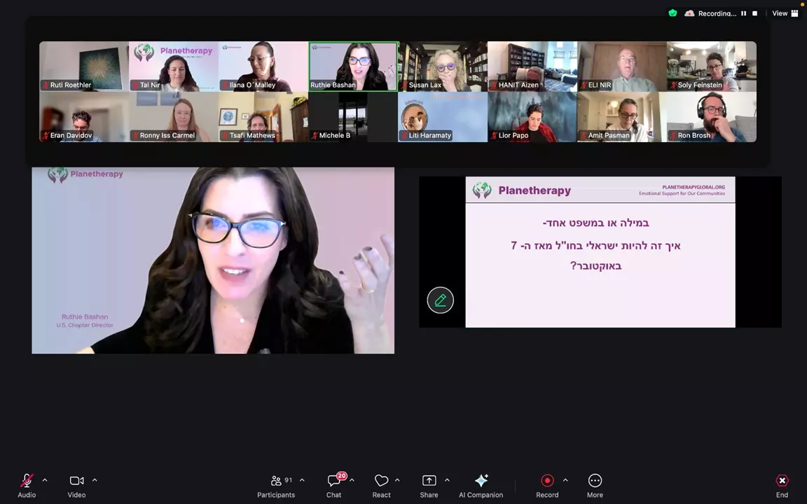 Participants in a community support Zoom call for Israelis living abroad discussing shared emotional challenges under the definition of Exilic Israeli Trauma.
