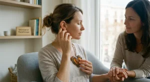 A woman in a peaceful setting, holding a heart-shaped pendant while touching her ear, illustrating the concept of listening to ourselves and connecting with our inner emotions.